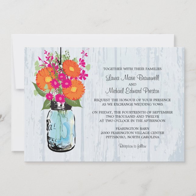 Invitación Rústico Mason Jar & Gerber Daisies Boda (Anverso)