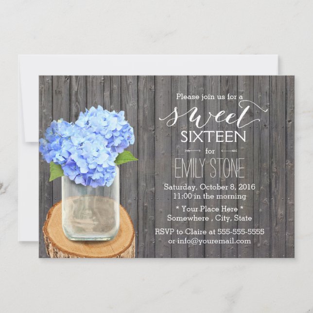 Invitación Rústico Mason Jar Hydrangea Barn Wood Sweet 16 (Anverso)
