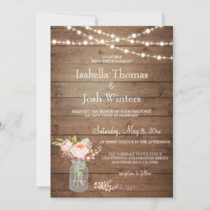 Invitación Rústico Mason Jar ilumina a Pink Peony Bouquet Bod