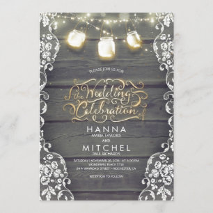 Invitación Rústico Mason Jar ilumina Boda de madera y encaje