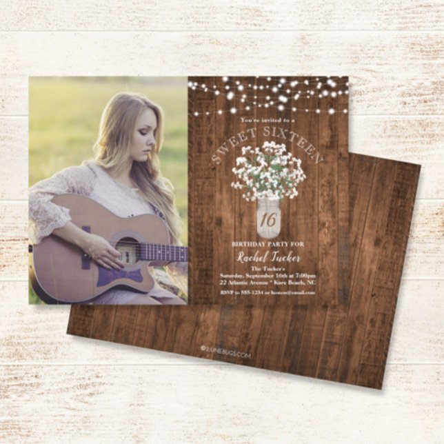 Invitación Rústico Mason Jar ilumina dulce foto de 16 cumplea (Subido por el creador)