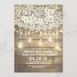 Invitación Rústico Mason Jar Luces Ensayo Lace Wood Cena
