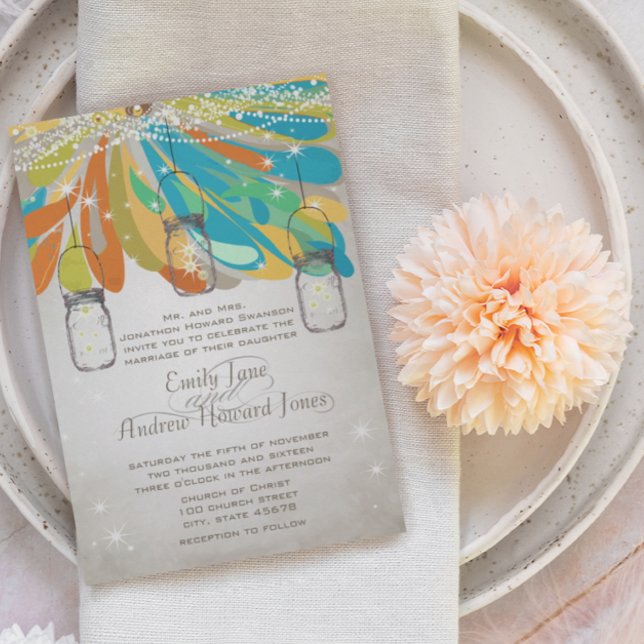 Invitación Rústico Mason Jar Naranja amarillo Turquoise Fairy (Subido por el creador)