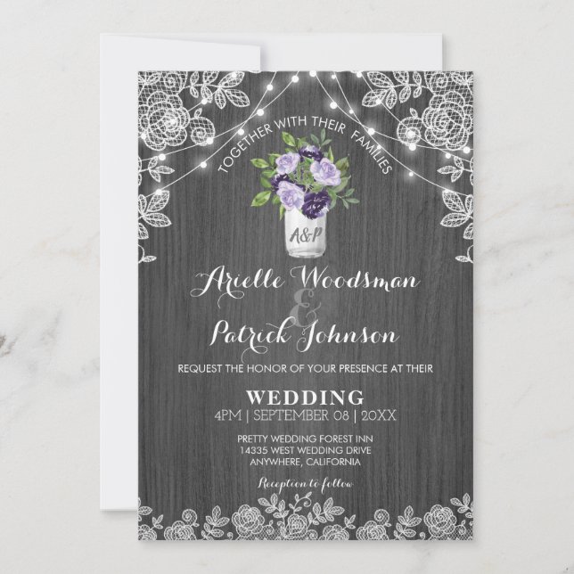 Invitación Rústico Mason Jar Purple Silver Boda floral (Anverso)