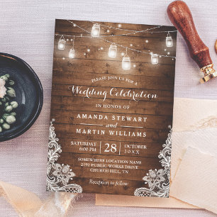 Invitación Rústico Mason Jar String Light Lace Country Weddin