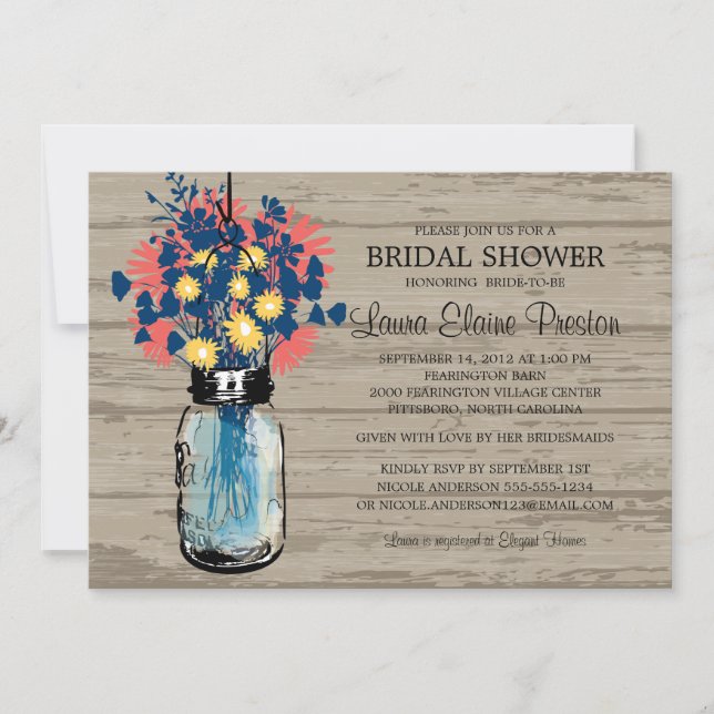 Invitación Rústico Mason Jar Wildflowers Ducha de novias (Anverso)