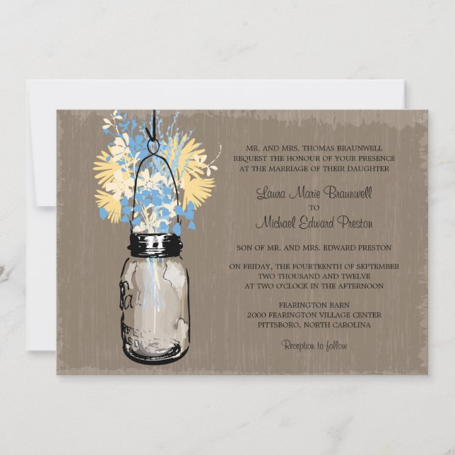 Invitación Rústico Mason Jar y Boda de Flores Silvestres (Anverso)