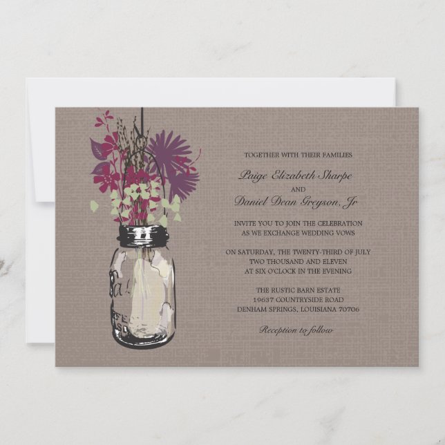 Invitación Rústico Mason Jar y Boda de Flores Silvestres (Anverso)