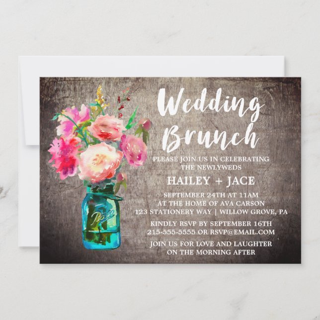 Invitación Rústico Mason Jar y Flower Bouquet Boda Brunch (Anverso)