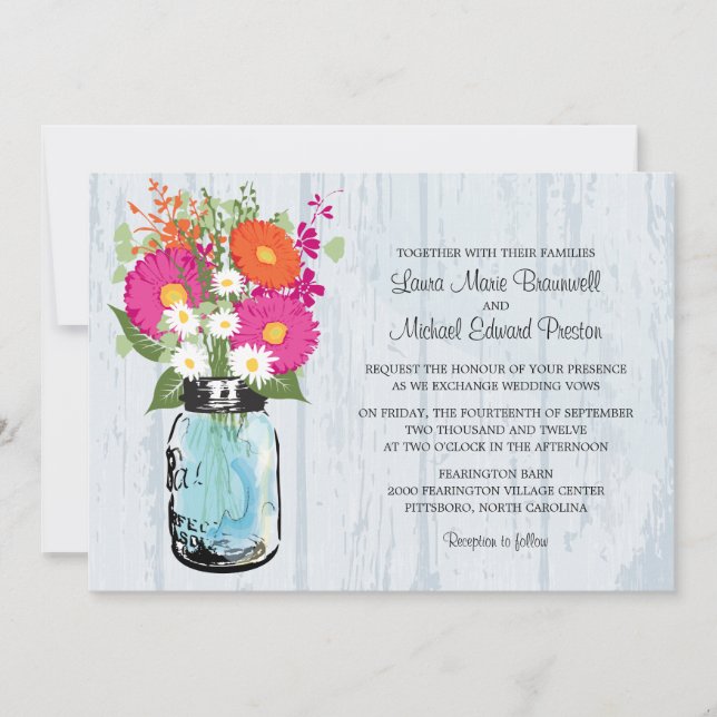 Invitación Rústico Mason Jar y Gerbera Daisies Boda (Anverso)