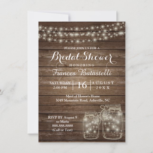 Invitación Rústico Mason Jars Boda Bridal Shower (Anverso)