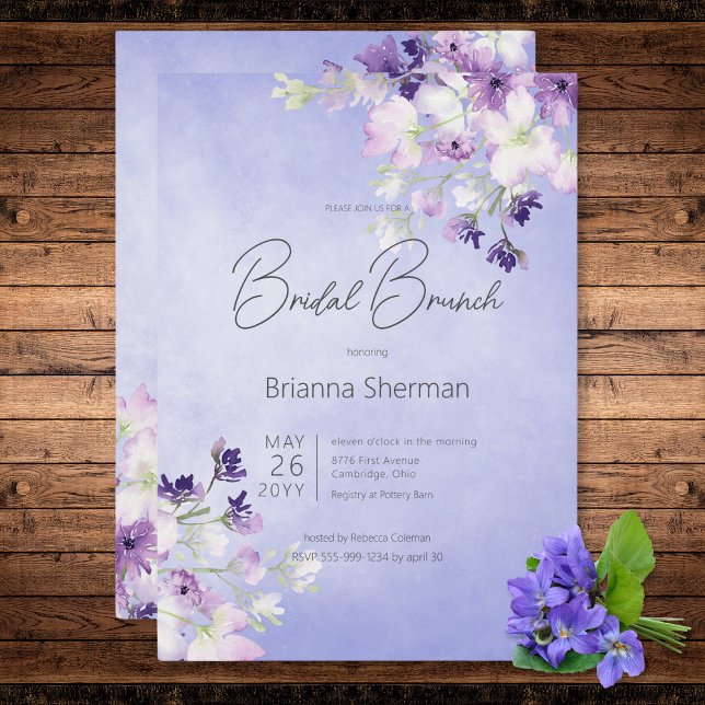 Invitación Rústico Morado Acuarela Floral Bridal Brunch (Rustic Purple Watercolor Floral Bridal Brunch Invitation)