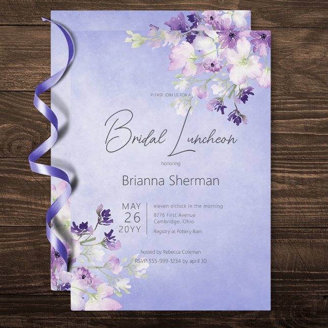 Invitación Rústico Morado Acuarela Floral Bridal Luncheon (Rustic Purple Watercolor Floral Bridal Luncheon Invitation)