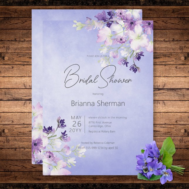 Invitación Rústico Morado Acuarela Floral Bridal Shower (Rustic Purple Watercolor Floral Bridal Shower Invitation)