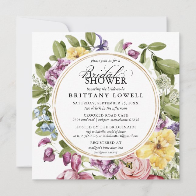 Invitación Rústico Morado Amarillo Floral Verdor Bridal Showe (Anverso)