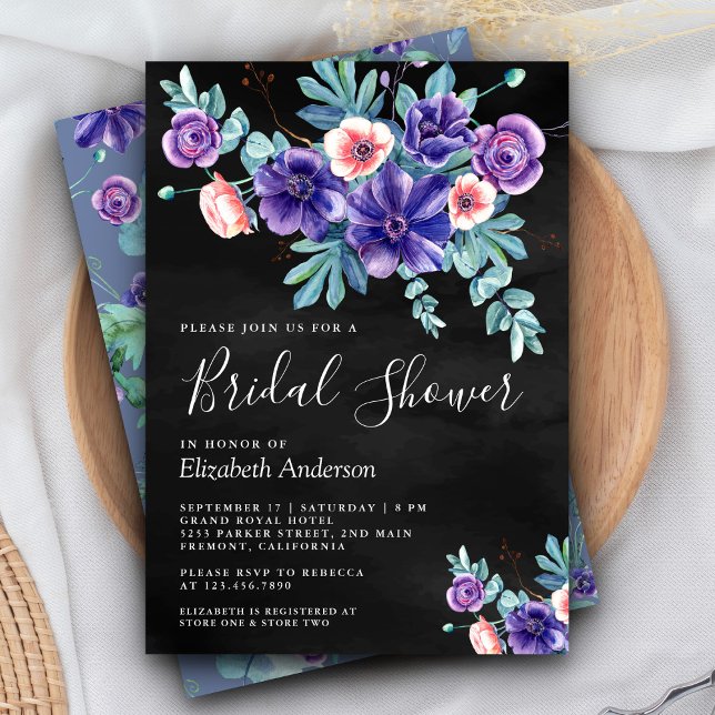 Invitación Rústico morado anémonas Bouquet ducha de novia neg (Subido por el creador)