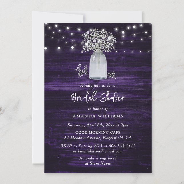 Invitación Rústico Morado Floral Bridal Shower (Anverso)