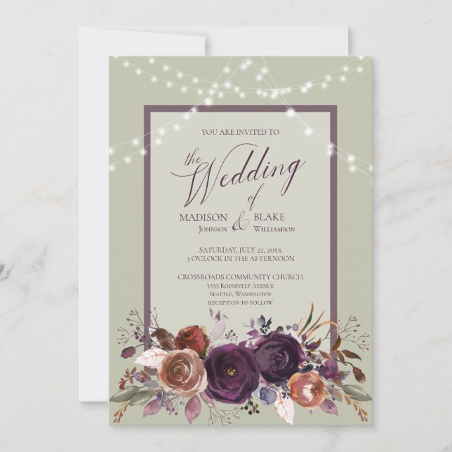 Invitación Rústico morado Floral String Light Boda Verde (Anverso)