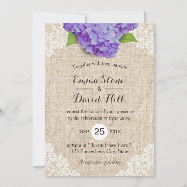 Invitación Rústico Morado Hidrangea Floral Lace Burlap Boda (Anverso)
