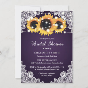Invitación Rústico Morado Lace Sunflower Bridal Shower