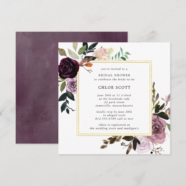 Invitación Rústico morado y malva rosa floral ducha de novia (Anverso / Reverso)