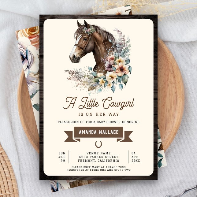 Invitación Rústico Moreno Floral Horse Cowgirl Baby Shower (Subido por el creador)