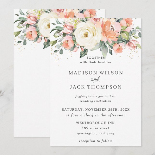 Invitación Rústico Naranja de marfil Boda de vegetación flora (Anverso / Reverso)