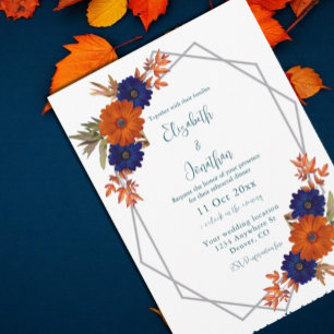 Invitación Rústico Naranja de otoño ensayo floral azul Cena