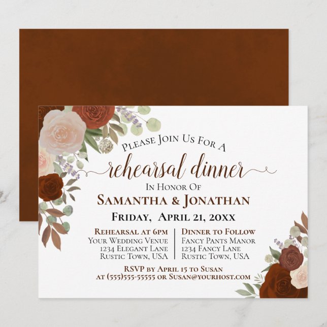 Invitación Rústico Naranja de óxido Boda floral Ensayo Cena (Anverso / Reverso)