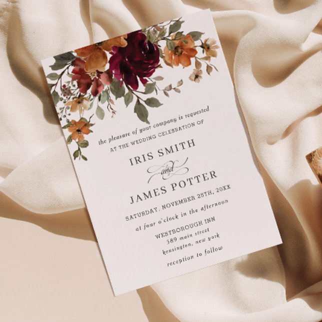 Invitación Rústico Naranja quemado en Borgoña Boda floral de  (rustic burgundy rust burnt orange floral fall autumn wedding invitation cards printed digital file)