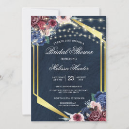 Invitación Rústico Navy Blue Wood String Light Bridal Shower