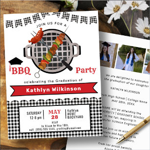 Invitación Rústico negro rojo plateado 3 foto graduación BBQ