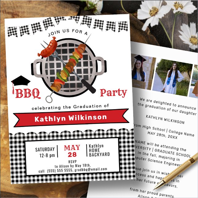 Invitación Rústico negro rojo plateado 3 foto graduación BBQ (Subido por el creador)