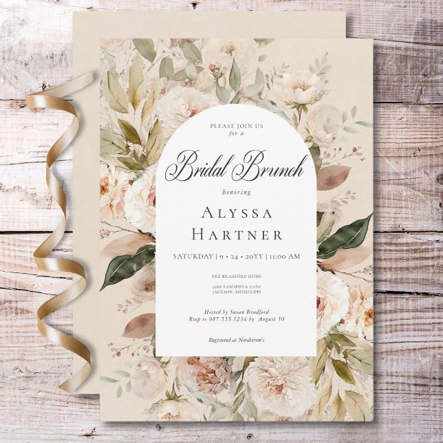 Invitación Rústico Neutral Tan Cream Floral Arco Bridal Brunc (Rustic Neutral Tan Cream Floral Arch Bridal Brunch Invitation)