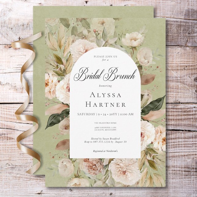 Invitación Rústico Neutral Tan Green Floral Arch Bridal Brunc (Rustic Neutral Tan Cream Green Arch Bridal Brunch Invitation)