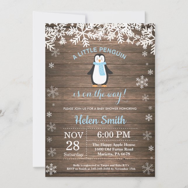 Invitación Rústico niño pingüino de invierno Baby Shower (Anverso)