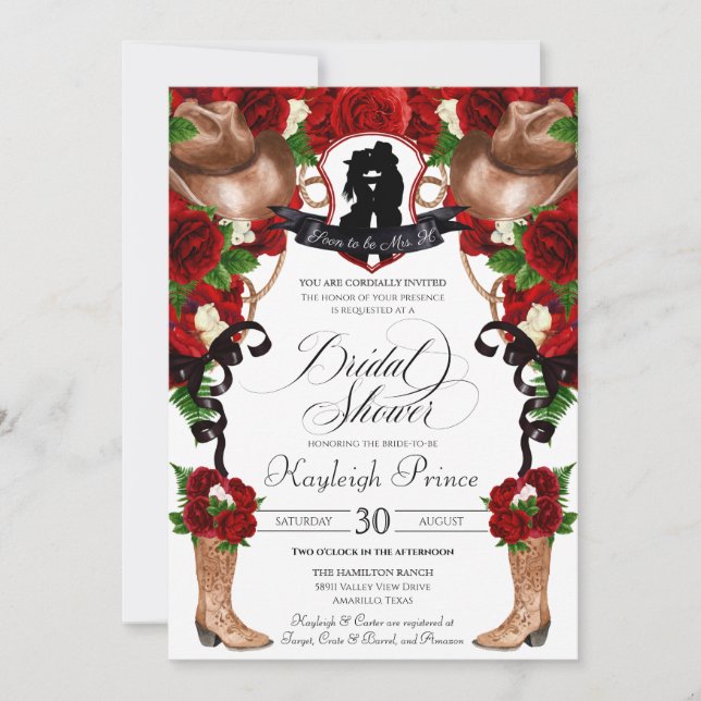 Invitación Rústico Oeste Roses Roses Cowgirl Ducha De Novias  (Anverso)