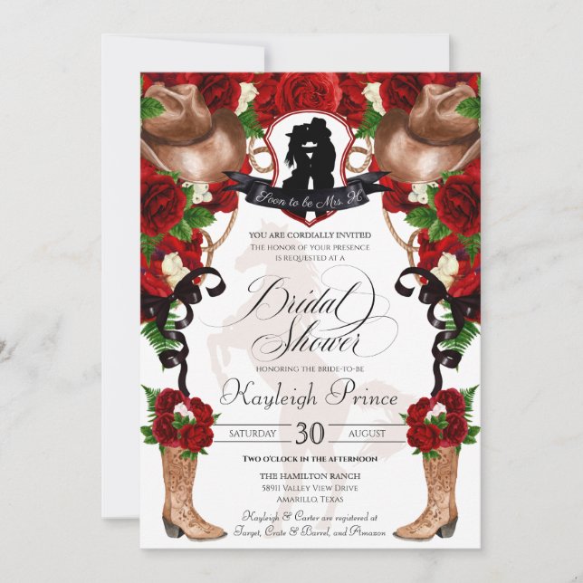 Invitación Rústico Oeste Roses Roses Cowgirl Ducha De Novias (Anverso)