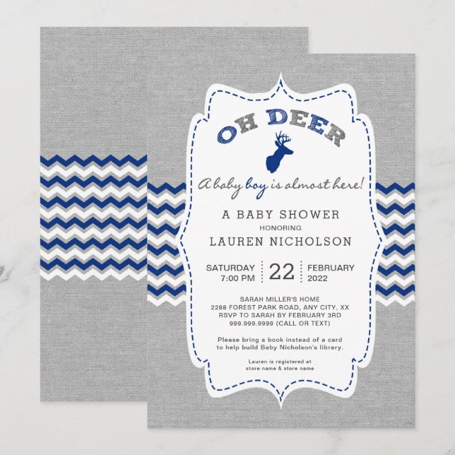 Invitación Rústico OH DEER Buck Baby Shower, gris marino (Anverso / Reverso)
