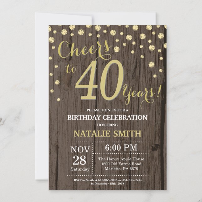 Invitación Rústico Oro de Madera 40.º Diamante de Cumpleaños (Anverso)