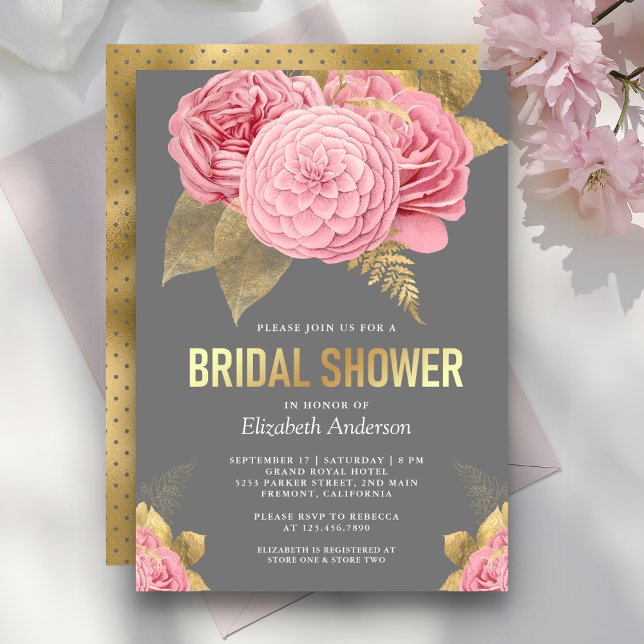 Invitación Rústico Oro Gris Dusty Floral Rosa Ducha de novia (Subido por el creador)