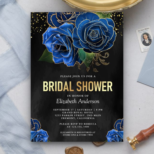 Invitación Rústico Oro Negro Royal Floral Azul Floral Bridal  (Subido por el creador)