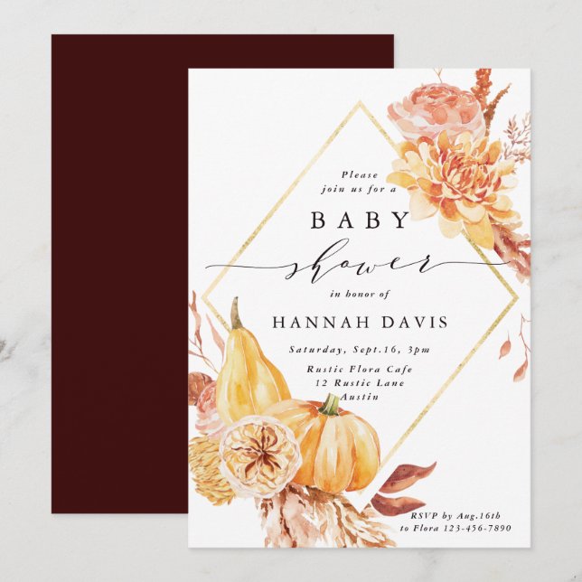 Invitación Rústico otoño de calabaza floral de oro Baby Showe (Anverso / Reverso)