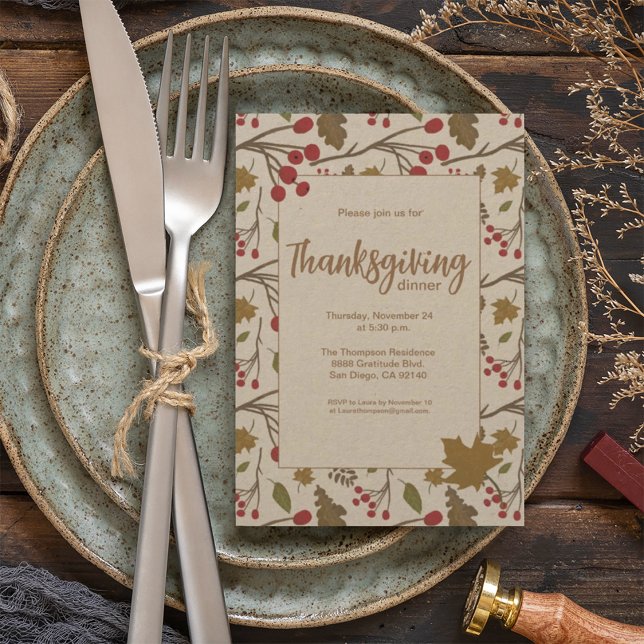 Invitación Rústico otoño deja follaje Cena de Acción de Graci (Rustic Thanksgiving dinner party autumn foliage invitation)