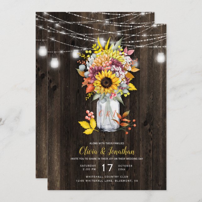 Invitación Rústico otoño floral Mason Jar Barn Wood Boda (Anverso / Reverso)