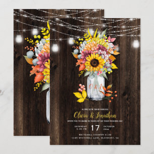 Invitación Rústico otoño floral Mason Jar Barn Wood Boda