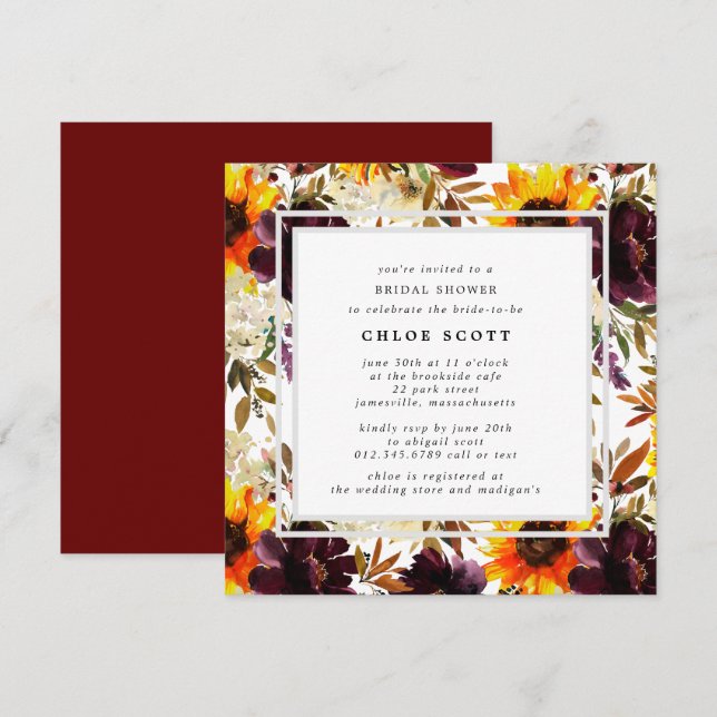 Invitación Rústico otoño girasol floral ducha de novia (Anverso / Reverso)