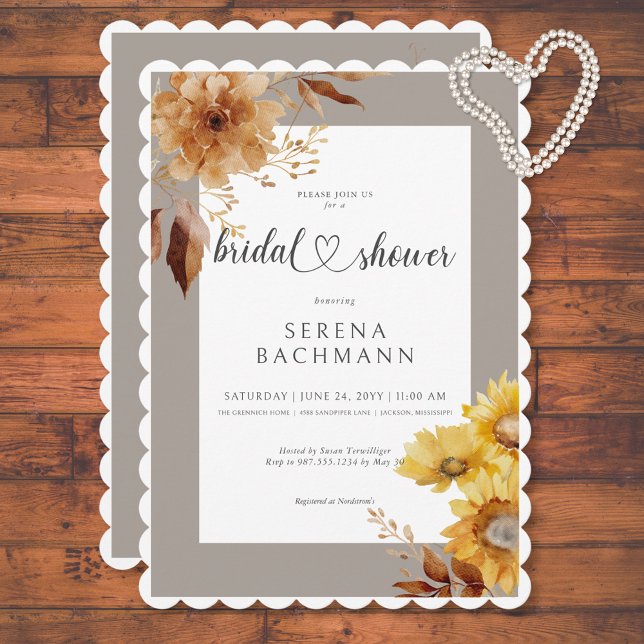 Invitación Rústico otoño girasol taupe ducha de novia blanca (Rustic Autumn Sunflower Taupe White Bridal Shower Invitation)