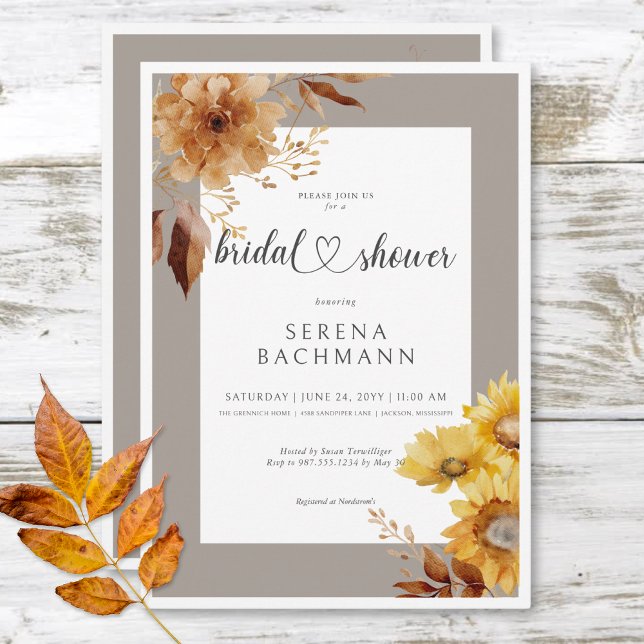 Invitación Rústico otoño girasol taupe ducha de novia blanca (Rustic Autumn Sunflower Taupe White Bridal Shower Invitation)