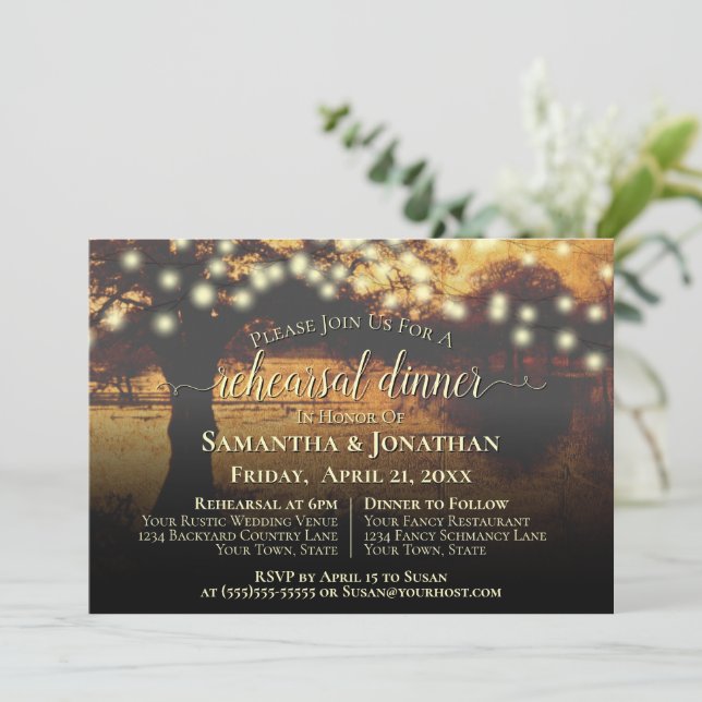 Invitación Rústico Otoño Iluminación Boda Ensayo Cena (Anverso de pie)